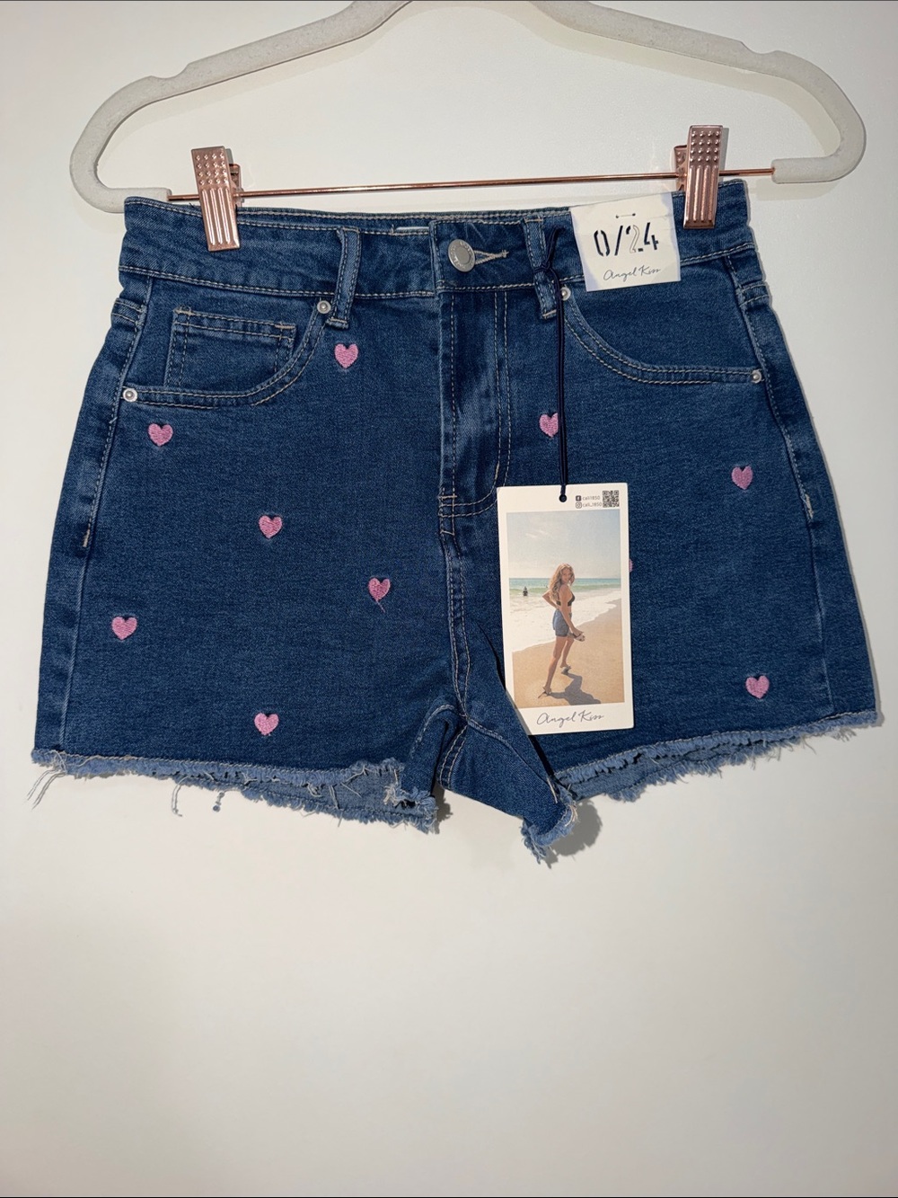 NWT Angel Kiss Dark Blue Denim Shorts with Pink Heart Details | 0 24
